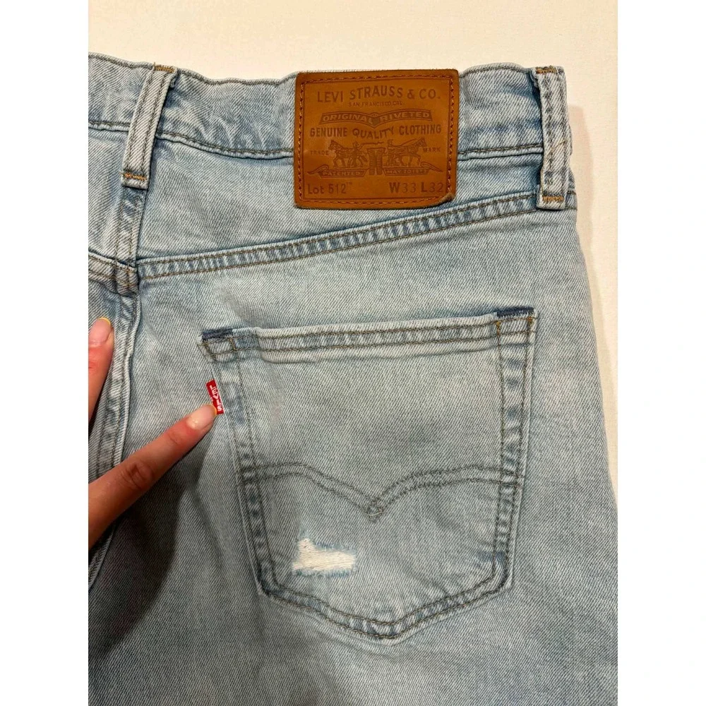Levis 512 Slim Taper Fit Jeans Mens 33x32 Light Wash Distressed Ripped Big‎ E